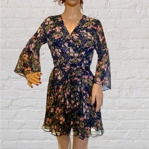 Lily Rain Cute Navy Blue Floral Fully Lined Sheer Mini Dress Size Small VGC